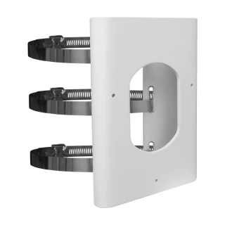 The image shows a sturdy, white pole mount bracket designed for securely attaching tube cameras. It features three adjustable metal straps for versatile installation on various pole sizes.