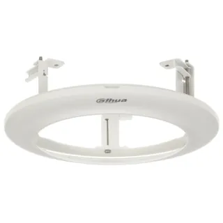 Ceiling mount bracket designed for spherical cameras, featuring a sturdy circular frame with adjustable support arms. The white finish and sleek design ensure seamless integration into various ceiling environments.