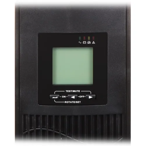 The image shows a UPS with a large, clear LCD display for easy monitoring of power status. It features control buttons for testing, muting, and power management.