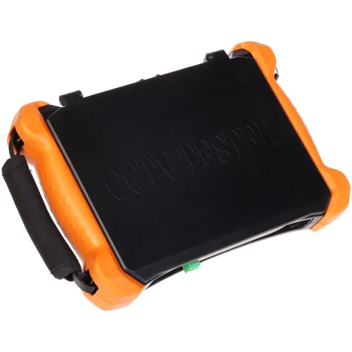 The image shows a portable CCTV tester with a rugged design, featuring a black screen and an orange protective casing. It includes a handle for easy carrying and a tiltable screen cover for added protection.