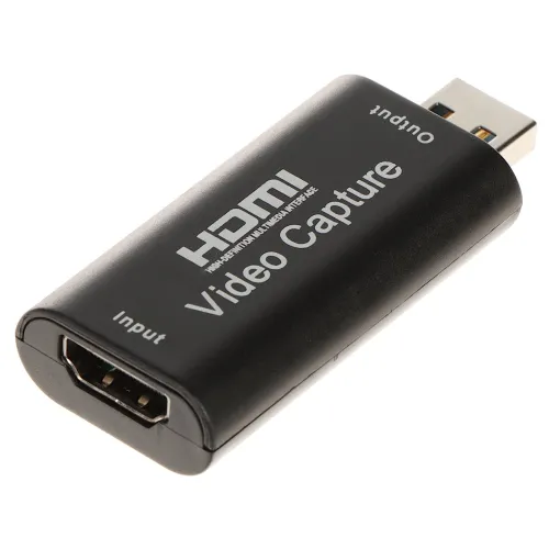 A compact HDMI to USB video capture device with a sleek black design, featuring clearly labeled input and output ports. The device is designed for easy connection and efficient video capturing from HDMI sources.