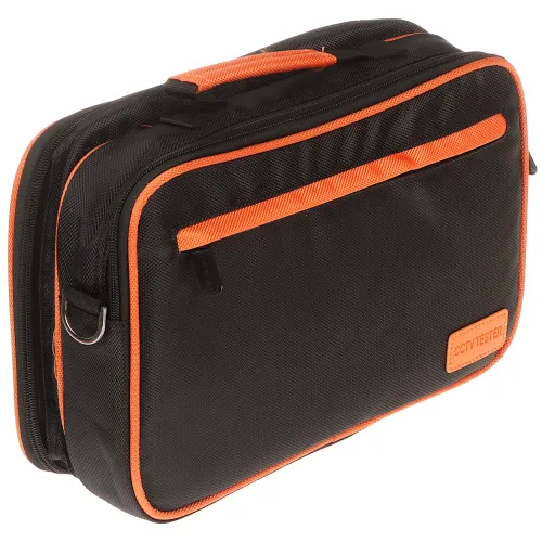 A compact black carrying case with orange accents designed to hold a device and its accessories. The case features a sturdy handle and a front zippered pocket for additional storage.
