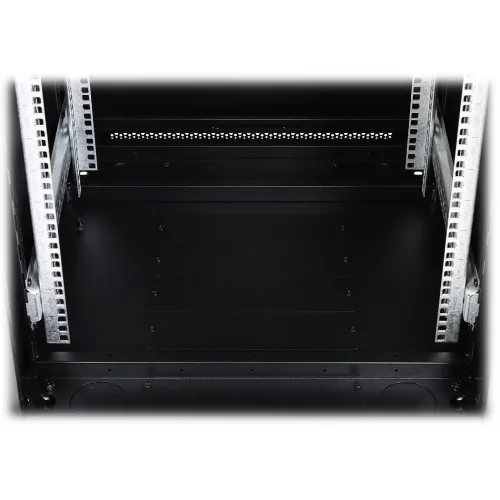 The image shows a black server rack interior with multiple cable entry points on the floor, each measuring 270 x 65 mm. The rack features sturdy metal rails and a perforated panel for efficient cable management and ventilation.
