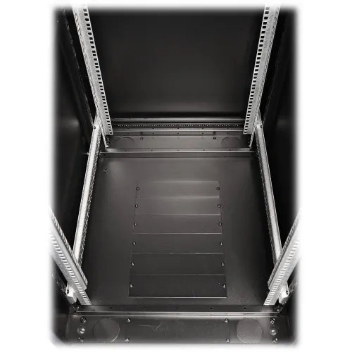 The image shows the interior of a black server rack with multiple cable entry points on the floor panel. The rack features adjustable mounting rails and a spacious design for efficient cable management.