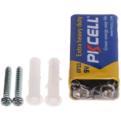 The image shows a PKCELL 9V extra heavy-duty battery alongside two screws and two plastic wall anchors. The battery is designed for reliable performance, while the screws and anchors are suitable for secure mounting applications.