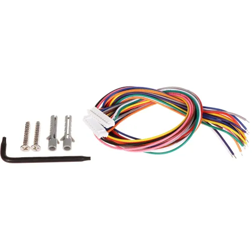 A set of colorful electrical wires with connectors is accompanied by two screws, wall plugs, and a hex key. The wires are neatly bundled, showcasing a variety of colors for easy identification and use in electrical installations.