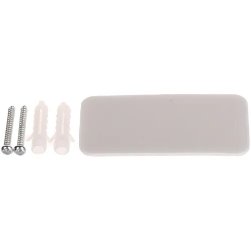 The image shows a set of two screws, two wall plugs, and a rectangular adhesive pad. These components are likely intended for mounting or securing objects to a surface.