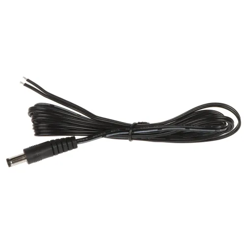 A black DC power cable with a cylindrical connector on one end and two exposed wires on the other. The cable is neatly coiled and secured with a twist tie.
