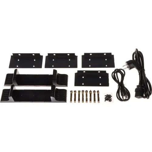 The image shows a set of black metal mounting brackets accompanied by screws, wall anchors, and a power cable with a plug. The components are neatly arranged, highlighting the complete installation kit for electronic devices.
