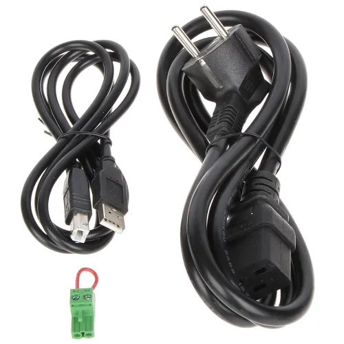 The image shows a set of cables including a black power cord with a European plug, a USB cable with standard connectors, and a small green terminal block connector. These components are essential for connecting and powering various electronic devices.