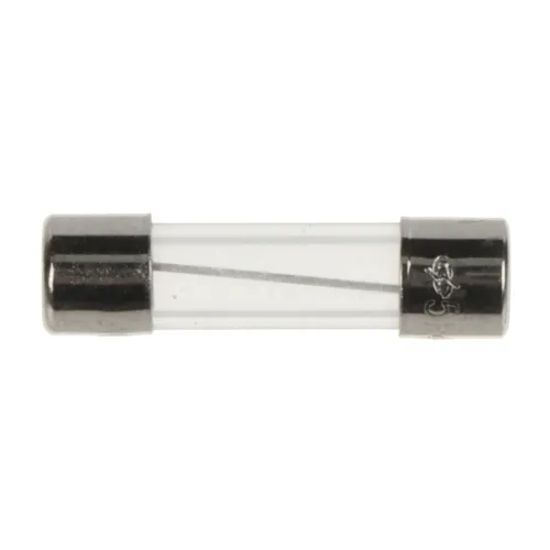 A glass tube fuse with metal caps on both ends, designed for electrical circuit protection. The fuse features a visible thin wire inside the transparent casing.