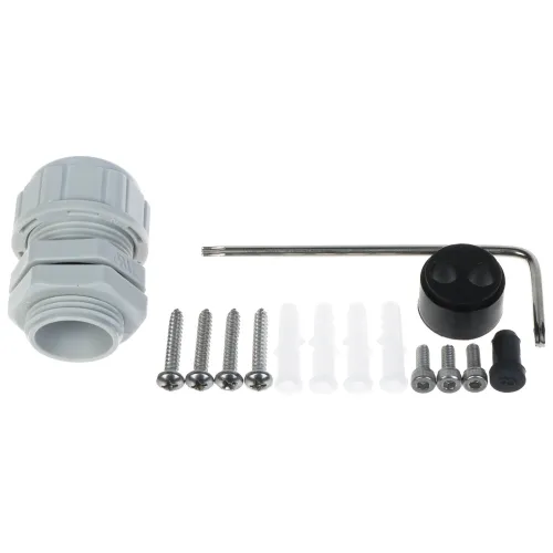 The image shows a set of installation accessories, including a gray cable gland, screws, wall plugs, and an Allen wrench. The components are neatly arranged, highlighting their use for secure and efficient cable management.