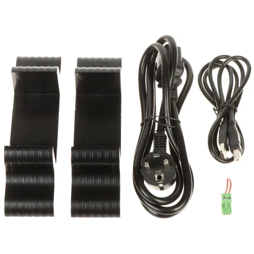 The image shows a set of black cable management clips, a power cord with a European plug, a USB cable, and a small green terminal block connector. These components are neatly arranged on a white background, highlighting their use in organizing and connecting electronic devices.