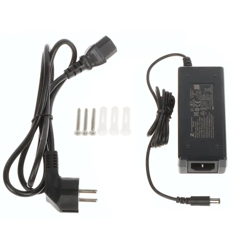 The image shows a black power adapter with a detachable power cord, suitable for electronic devices. Included are three screws and wall anchors for secure mounting.