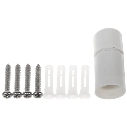 A set of wall mounting accessories including four metal screws, four plastic wall plugs, and a white cylindrical mounting bracket. Ideal for securely attaching fixtures to walls, providing stability and support.
