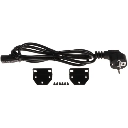 A black power cable with a right-angle plug is accompanied by two metal mounting brackets and six small screws. The set is designed for secure and efficient installation of electronic devices.