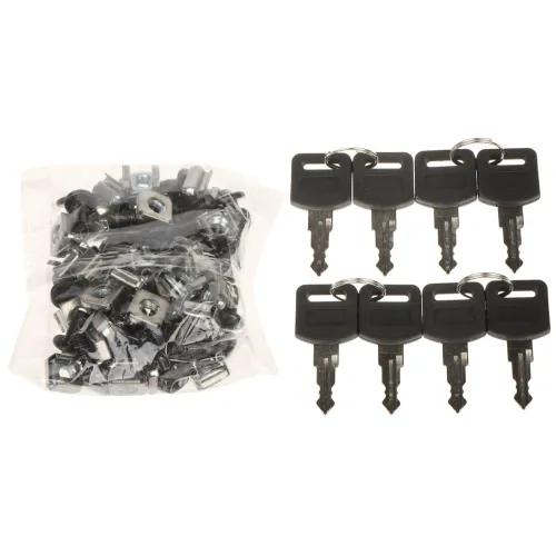 The image shows a set of five identical black keys with metal rings, alongside a transparent bag containing various metal fasteners and screws. The keys and fasteners are likely components for a locking mechanism or assembly kit.