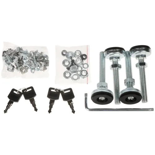 The image shows a set of hardware components including screws, nuts, and adjustable feet with rubber bases, accompanied by an Allen wrench. Additionally, there are two sets of keys, each with two keys, included in the package.