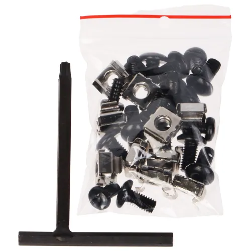 A set of black screws, nuts, and clips is packaged in a clear plastic bag, accompanied by a T-shaped black tool. The components are designed for assembly or mounting purposes, offering a complete hardware solution.