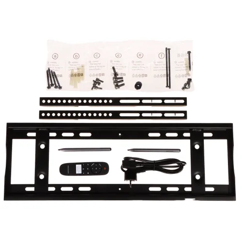 A TV wall mount kit featuring a black metal bracket, remote control, power adapter, and various screws and fittings. The components are neatly arranged, showcasing the complete set for easy installation.