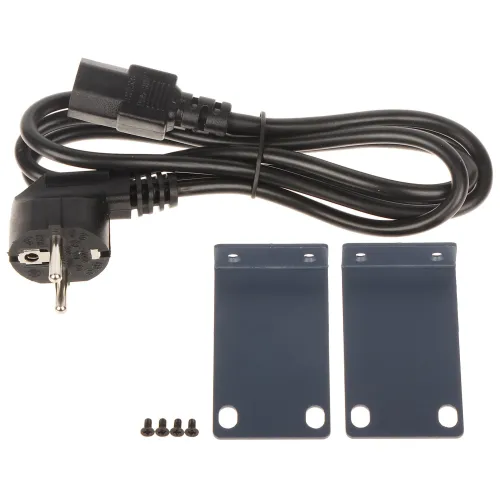 A black power cable with a European plug is coiled next to two metal mounting brackets and four small screws. The set is designed for secure installation and connection of electronic devices.