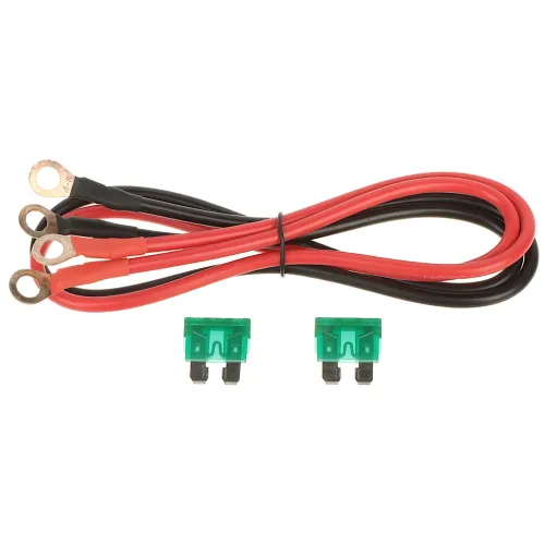 A set of red and black power cables with ring terminals is neatly coiled and secured with a black tie. Two green automotive fuses are positioned below the cables.