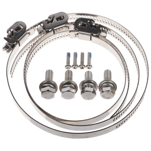 The image shows a set of stainless steel hose clamps and bolts, including two adjustable clamps and a selection of screws and nuts. The clamps feature a durable design with a secure locking mechanism, suitable for various fastening applications.