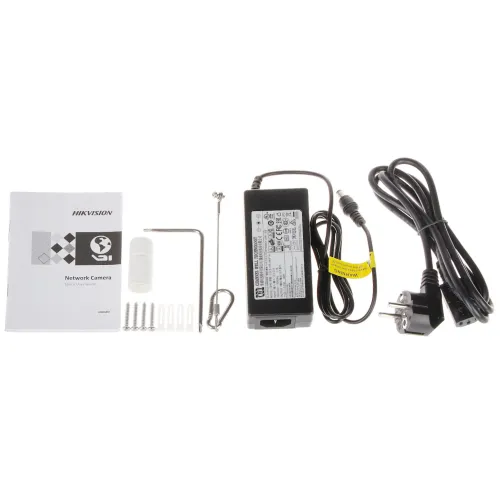 The image shows a network camera installation kit, including a power adapter, cables, mounting screws, and a quick start guide. The components are neatly arranged, highlighting the essential tools needed for setting up the camera.