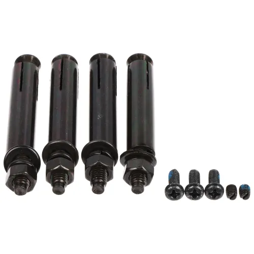 The image shows a set of four black metal expansion anchors with accompanying screws and nuts, designed for secure fastening in construction projects. The anchors feature a cylindrical shape with slits for expansion, ensuring a firm grip in various materials.