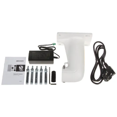 The image shows a network camera installation kit, including a white mounting bracket, power adapter, screws, and a quick user guide. The components are neatly arranged on a white background, highlighting each item's purpose for easy identification.
