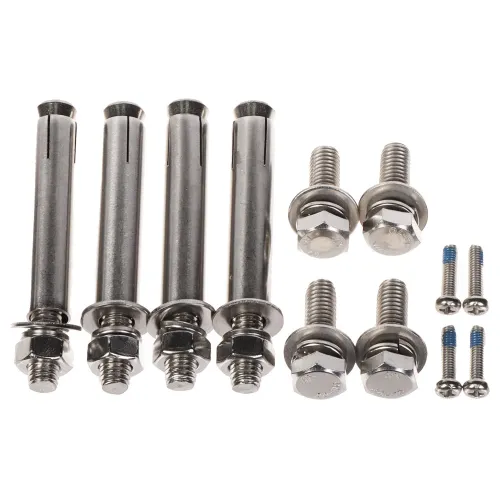 The image shows a set of metal fasteners, including four large expansion bolts and several smaller screws with hexagonal heads. These components are designed for secure and durable assembly in construction or DIY projects.
