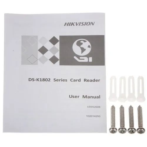 The image shows a Hikvision user manual for a series card reader, accompanied by four screws and four wall anchors. The manual features a geometric design and a globe icon on the cover.