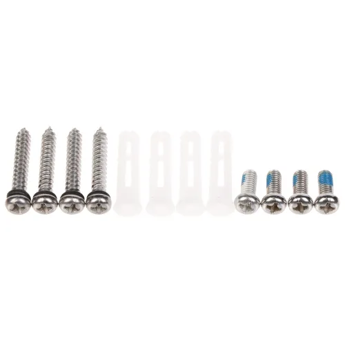The image shows a set of metal screws and plastic wall anchors arranged in two rows. The screws vary in size, with larger ones on the left and smaller ones on the right, accompanied by white plastic anchors in the center.
