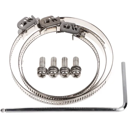 The image shows a set of stainless steel hose clamps with adjustable screws, accompanied by four bolts and an L-shaped hex key. These durable clamps are designed for secure fastening in various applications.