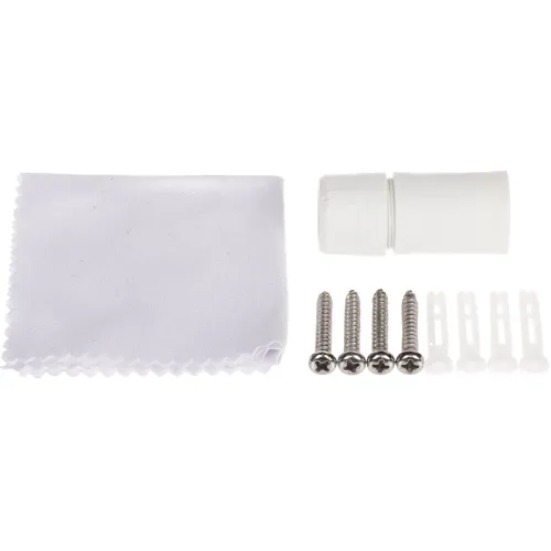 The image shows a set of installation accessories, including a white cleaning cloth, a white cylindrical connector, four metal screws, and four plastic wall anchors. These components are likely intended for mounting or securing a device or fixture.