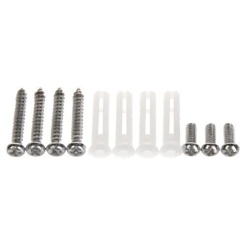 The image shows a set of metal screws and plastic wall plugs arranged in two rows. The screws vary in size, with larger ones on the left and smaller ones on the right, accompanied by matching wall plugs.