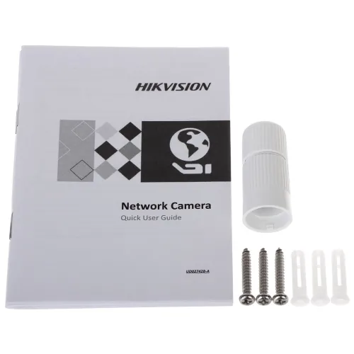 The image shows a Hikvision network camera quick user guide alongside a white cable connector. Also included are four screws and four wall plugs for installation.