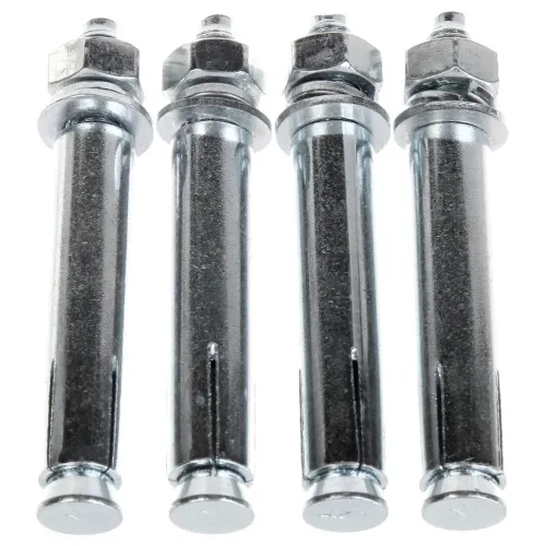 Four metal expansion bolts are aligned vertically, showcasing their shiny, silver finish. Each bolt features a hexagonal nut and a threaded end for secure fastening.