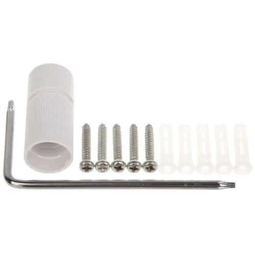 The image shows a set of hardware components including a white cylindrical connector, six screws, six wall plugs, and an L-shaped hex key. These items are arranged neatly on a white background, highlighting their use for assembly or installation purposes.