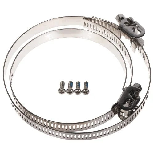 Two stainless steel hose clamps with adjustable screws are displayed alongside four small screws. The clamps feature a perforated design for secure fastening.