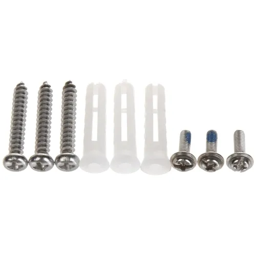 The image shows a set of screws and wall plugs, including four large screws with matching white plastic anchors and three smaller screws with blue thread lock. This hardware set is ideal for secure mounting and installation tasks.
