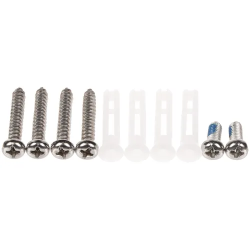 The image shows a set of six silver screws with Phillips heads, accompanied by six white plastic wall anchors. Additionally, there are two smaller screws with blue thread-locking patches.