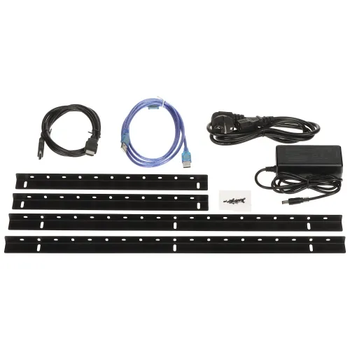 The image shows a set of black metal mounting brackets accompanied by various cables, including a power adapter, a blue Ethernet cable, and a black power cord. Small screws are also included for assembly or installation purposes.