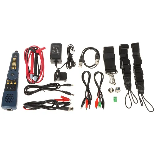 The image displays a comprehensive cable testing kit, including a tone generator, probe, various connectors, and cables. Additional accessories such as a power adapter, straps, and clips are also included for versatile connectivity and testing solutions.