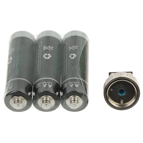 The image shows a set of three AA Super Heavy Duty batteries wrapped in plastic alongside a metal adapter with a blue center. The batteries are designed for reliable power, while the adapter appears to facilitate connection to compatible devices.