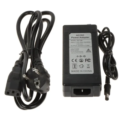 The image shows a black AC/DC power adapter with a detachable power cord, featuring input specifications of 100-240V and output of 12V, 5A. The adapter is designed for use with various electronic devices and includes safety certification markings.
