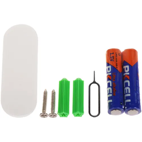 The image shows a set of accessories including two PKCELL Ultra alkaline batteries, a SIM card ejector tool, two green wall anchors, two screws, and a white adhesive pad. These components are likely intended for installation or assembly purposes.