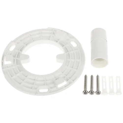 The image shows a white plastic mounting bracket set, including a circular bracket, a cylindrical connector, four screws, and four wall anchors. This set is designed for secure installation of compatible devices or fixtures.