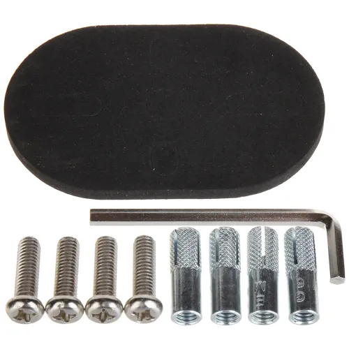 A black oval rubber pad is accompanied by a set of four metal screws, four anchors, and an L-shaped hex key. This hardware kit is designed for secure mounting and installation purposes.