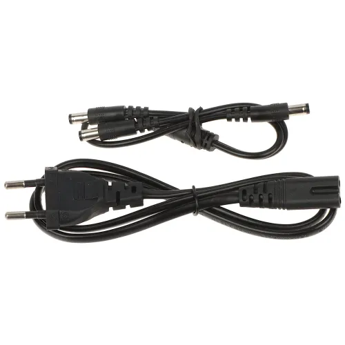 Two black power cables are shown, one with a European plug and the other with dual DC connectors. The cables are neatly coiled and designed for efficient power distribution.